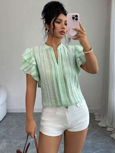 Elenzga Nueva blusa de mujer de primavera/verano de unicolor, textura de jacquard de gasa, silueta casual, uso diario elegante con mangas abullonadas y cuello en V