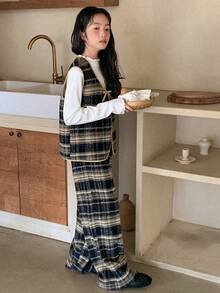 DAZY 2pcs Tween Girls Plaid Loose Vest With Bow Front And Wide Leg Pants Set, Fall Outfit - Brown - View 4