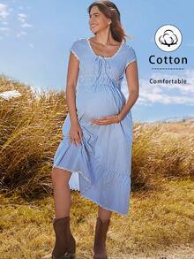 Boho Mama Spring Outfit Women Maternity Casual Daily Soft Dress,Cotton Striped Lace Patchwork Maternity Dress