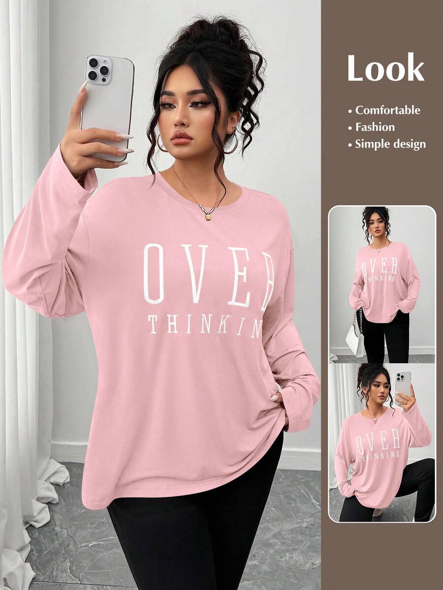 SHEIN LUNE CURVE 大码女式休闲圆领长袖刺绣标语T恤 - 粉色 - 查看 1