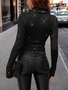 SHEIN Clasi Women's Casual Minimalist Tight Fit Long Sleeve Turtleneck Base Layer T-Shirt, Women's Party T-Shirt,Parkly Top,Elegant Top For Women,Black Top Spring - Multicolor - View 2