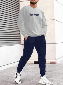 Cotton 2pcs/Set Men's Letter Printed Hoodie And Sweatpants Set - Grey - View 6