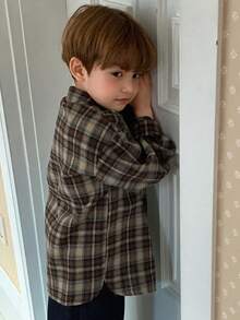 DAZY 男童格子落肩长袖单排扣休闲口袋衬衫（春季款） - 卡其色 - 查看 8