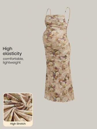 Modmama Vestido de embarazo de camiseta con estampado floral, fruncido y con dobladillo de cola de pez, estilo de vacaciones de verano