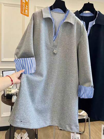 Resyla Women's Striped Patchwork Long Sleeve Casual Loose Mid-Length Dress