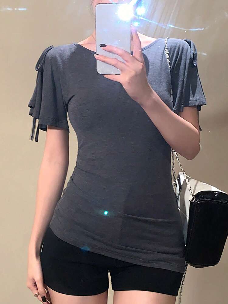 Women's Ruched Tie Front Summer T-Shirt Spring