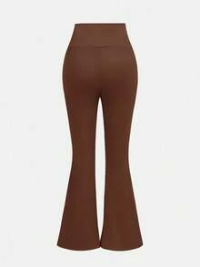 Girlism 少女休闲棕色褶皱长袖修身针织上衣和喇叭裤两件套，居家户外旅行装机场装 - 棕色 - 查看 6