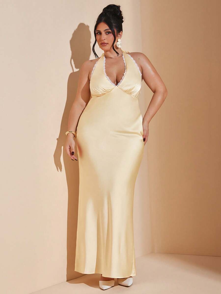 SHEIN BAE Plus Size Elegant Satin Dress, V-Neck Lace Trim Sleeveless Cocktail Party Gown, Formal Occasion Bridesmaid Dress, Birthday Mini Dress, Yellow Satin Long Dress, Cocktail Party, Business Casual,Prom, Valentine's Day, Thanksgiving, Parties, Weddings, Plus Size Satin Dress, Long Satin Dress, Plus Size Evening Gown, Curve Formal Dress Women Dresses Champagne - Yellow - View 1