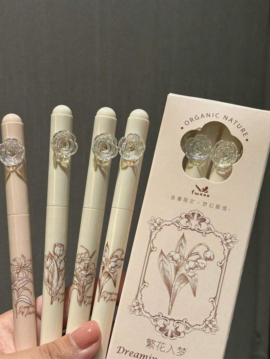 4支/盒黑色旋转笔,INS风格,超值ST笔头,黑色花卉梦幻图案,速干作业笔,返校必备 - 彩色 - 查看 1