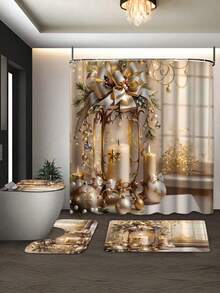 1/4 件套圣诞金色蜡烛印花浴帘套装，浴室套装，含 12 个挂钩、浴垫、马桶座套和 U 型垫 - 适用于步入式淋浴间的季节性装饰、家居装饰、圣诞装饰、节日装饰、浴室浴帘套装、圣诞礼物 - 彩色 - 查看 6