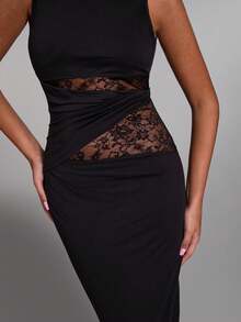 ATUI Studio Women's Black Elegant Lace Stitching Sincere Long Dress,Elegant Women Dresses,Party Women Outfits,New Years Women Dress,Black Women Dresses,New Years Women Outfit,New Year Party Dress - Black - View 5