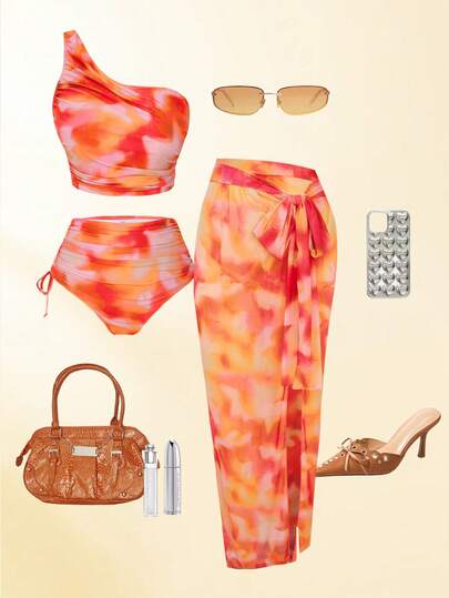 Swim Oasis Plus Size Women 3pcs/Set Random Floral Print Elegant Asymmetrical Shoulder Bikini Set With Sarong Skirt, Beach Resort Swimwear