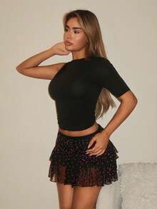 SHEIN ICON 女士爱心植绒网纱层叠迷你裙 - 黑色 - 查看 6