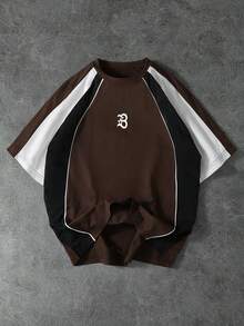 PAVTROS 男士字母印花撞色圆领休闲宽松T恤，复古，个性化，度假，男士，派对，Y2K，夏季，节日，新年，搜索，男士多色T恤，棕色、黑色、白色和反光条纹撞色。 - 咖啡棕 - 查看 1