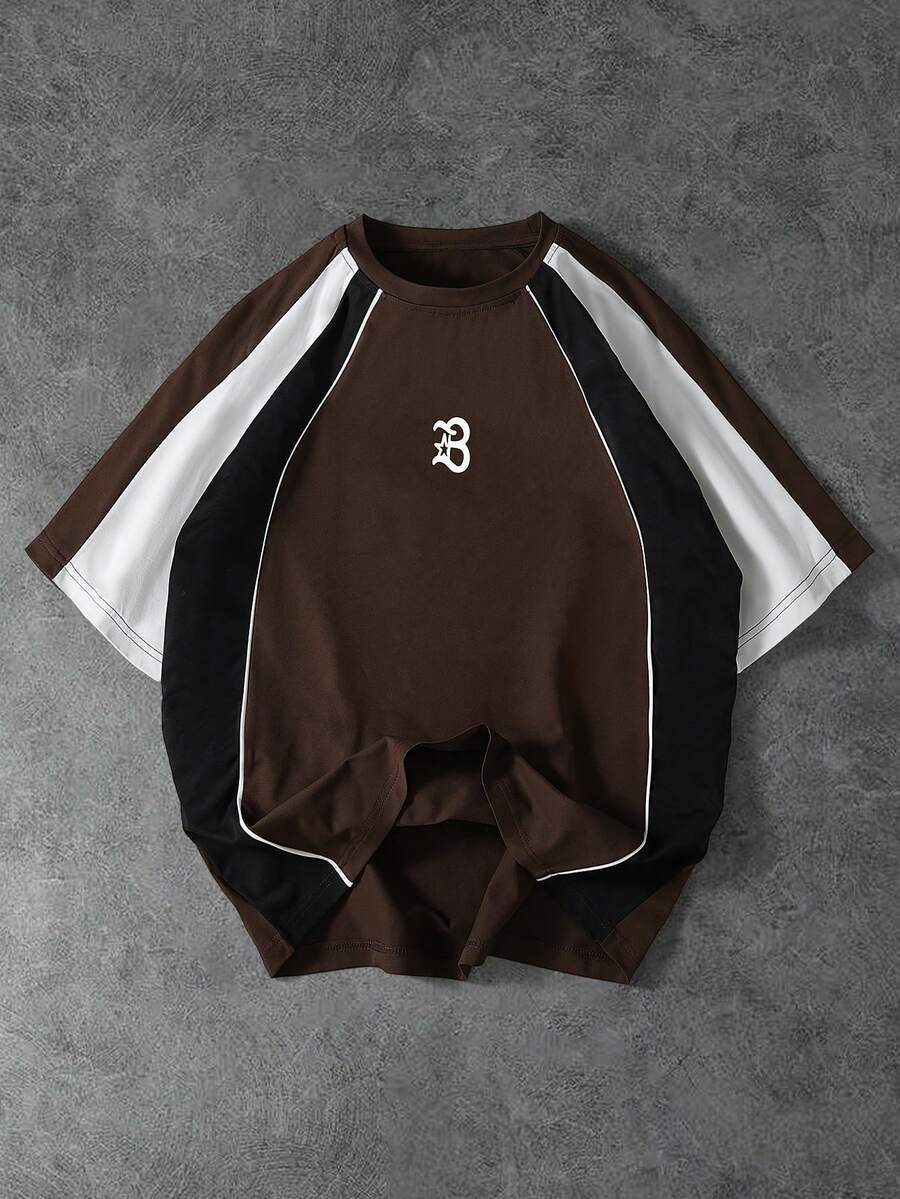 PAVTROS 男士字母印花撞色圆领休闲宽松T恤，复古，个性化，度假，男士，派对，Y2K，夏季，节日，新年，搜索，男士多色T恤，棕色、黑色、白色和反光条纹撞色。 - 咖啡棕 - 查看 1
