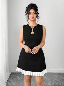 SHEIN PETITE CURVE 大码女式圆领无袖收腰连衣裙，显瘦，适合日常通勤，百搭时尚，简约优雅 - 黑與白 - 查看 5