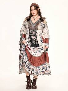 ROMWE Fairycore 田园风拼接设计复古印花棕色调大码连衣裙，秋冬长款复古优雅拼接女式长裙 - 彩色 - 查看 4