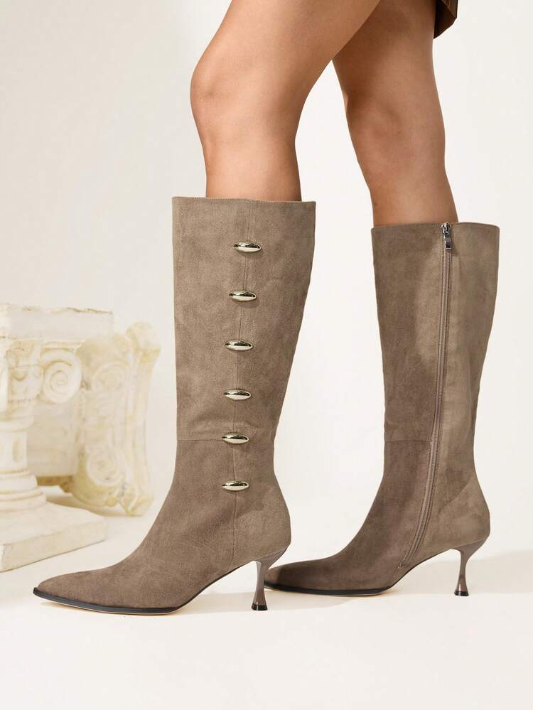 CUCCOO CHICEST Women's Fashion Metal Decor Pointed Toe Knee-High Heeled Boots