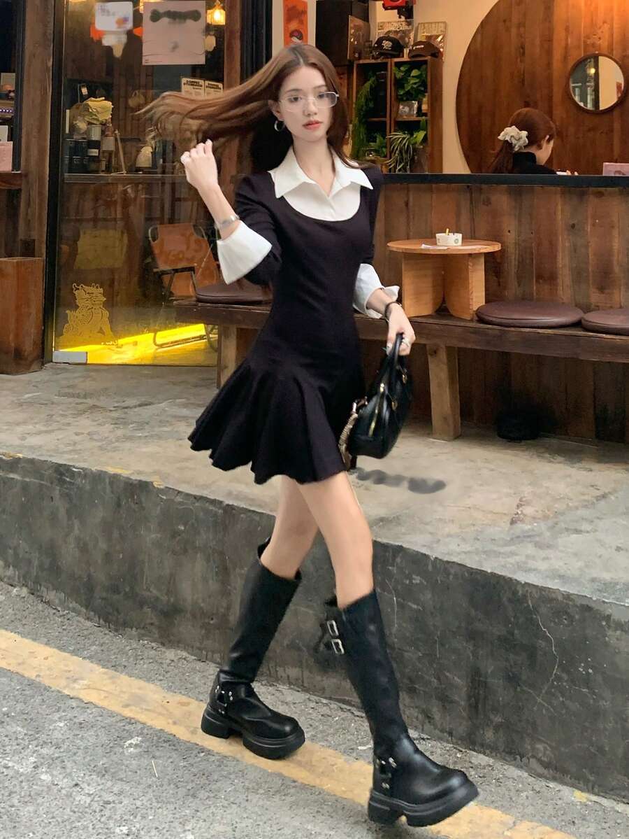 DAZY Women's Casual Long Sleeve 2 In 1 Shirt Dress - Black - View 1