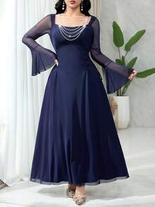 Modelyn رمضان فستان أنيق مزين بسلسلة ربط الخصر، مُلائم وأنيق، متعدد الاستخدامات للحفلات والاستخدام اليومي - أزرق بحري - مشاهدة 4