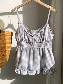 SHEIN EZwear 女士夏季格紋蕾絲背心，襯有褶邊 - 彩色 - 查看 3