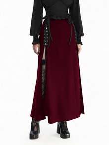 Breakform 女士哥特风纯色金属可调节高腰修身高开衩及踝长裙 - 酒紅色 - 查看 6