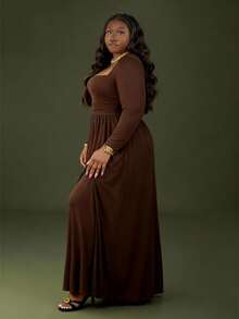 CurvyTilda Váy dệt kim ôm sát tay dài cỡ lớn dành cho nữ, Đầm thu/đông thanh lịch - Cà phê nâu - Xem 3