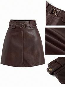 Ellevyn 大码女式纯色腰部金属扣PU皮时尚半身裙，圣诞派对半身裙，优雅半身裙，复古半身裙，新年春季女装，春假春季情人节派对婚礼及活动生日女装，优雅女装 - 鏽棕色 - 查看 5