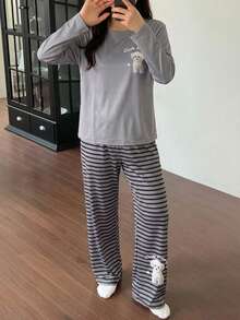 2pcs/Set Tween GirlsPlaid Pants & English Letter Print Long Sleeve Casual Homewear Set Grey Pajama Set Tween Girls Pajamas-Pajama Set Gray Striped Puppy Print Round Neck Long Sleeve Top With Pants Stylish Playful Design Comfortable Loungewear Four Season Sleepwear 2026 New Year Essential - Grey - View 4