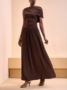 Zivah Women's Dark Brown Summer Elegant One-Shoulder Ruched Top A-Line Long Dress,Bohemian Wedding Guest Party Night Vacation Beach Spring & Summer Dress - Mocha Brown - View 4