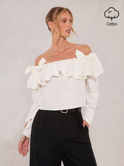 COSMINA Women's Elegant Off-Shoulder Bow Ruffle Trim Blouse, Romantic Date Shirt, Wedding Guest, Long Sleeve Shirt, White Blouse, Suitable For Commuting