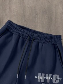 Manfinity Homme 男士纽约市标语字母印花休闲卫衣和运动裤两件套，冬季男装，秋季男装，男士两件套，男士服装，圣诞礼物，男士礼物，两件套，圣诞礼物，两件套，女士男士两件套，男士服装，男士连帽衫和裤子套装 - 藏蓝色 - 查看 5