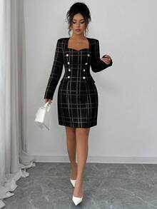 SHEIN Elenzya Đầm ngắn tay dài cổ tim bằng vải tweed thanh lịch dành cho nữ, thích hợp cho mùa thu. - màu đen - Xem 7