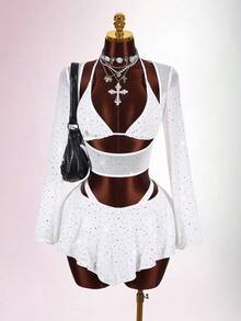 Amplova 2pcs/Set Sequin Detail Sexy Tight Fit Long Sleeve Crop Top & Tight Fit Inverted V Mini Skirt White Two Piece Set Women Sparkly Mesh Two Piece Set Two Piece Skirt Set Sparkly Two Piece Set White 2 Piece Outfit Vacation Outfits Women Y2K Valentine's Day - White - View 4