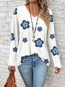 EMERY ROSE 女式花卉印花加大码V领长袖T恤，适合音乐节和返校季，秋冬季 - 彩色 - 查看 3