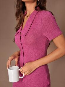 Lazeform 女士简约纯色翻领单排扣修身短袖阔腿裤休闲套装，适合户外穿着 - 玫紅色 - 查看 6