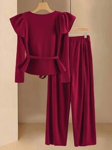 GlowEve 2pcs Women Elegant Solid Color V-Neck Metal Chain Ruffle Hem Long Sleeve Top And Straight Leg Pants Set - Red - View 2