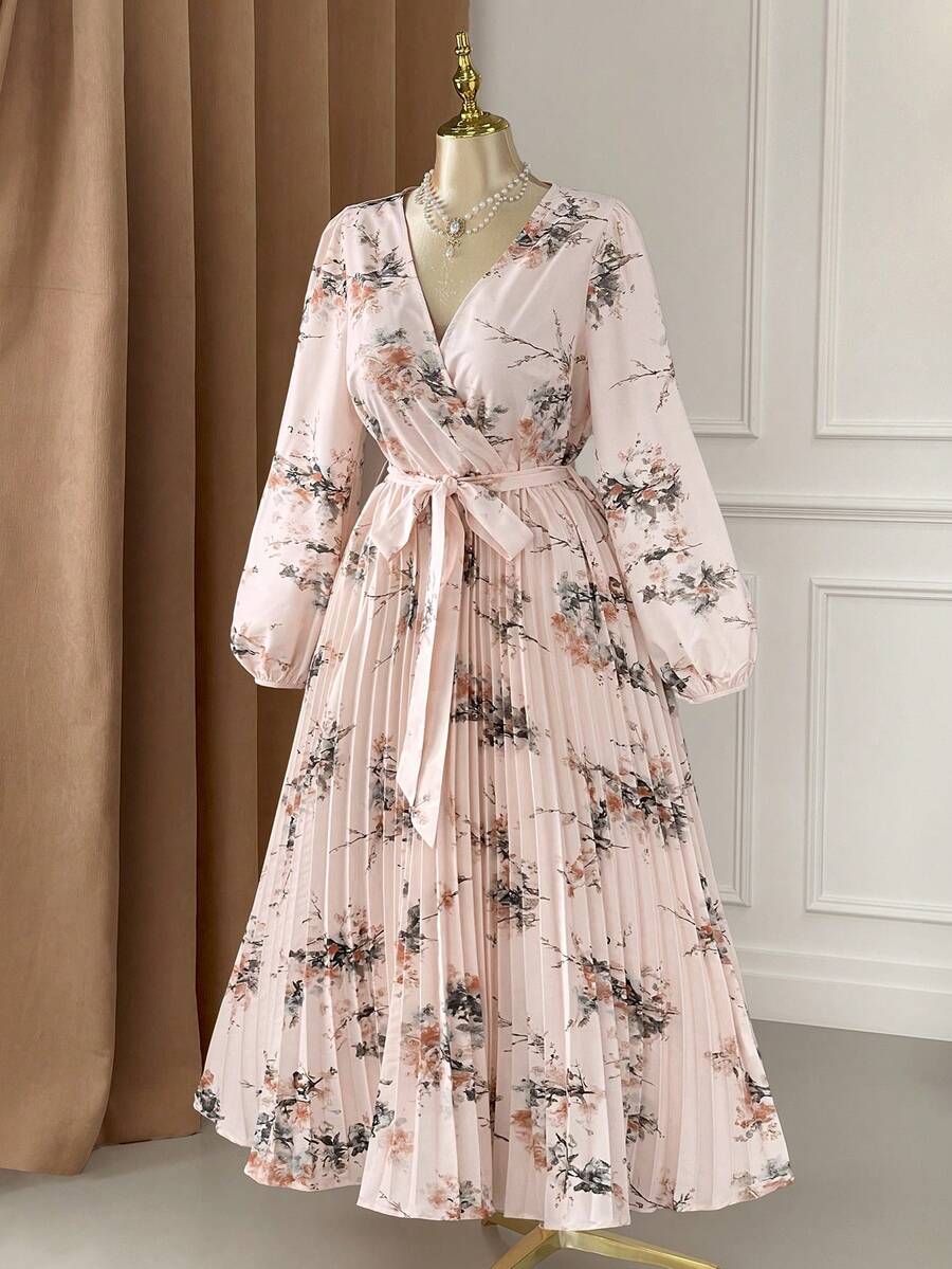 Rometta Plus Size Women Floral Print Belted Pleated Dress Long Sleeve Floral Dress Floral Dress Elegant French Style Dress - Pink - View 1