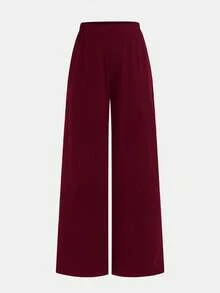 SHEIN Serisse Kids 少女休闲基础款简约舒适高弹力抓绒立领不对称褶皱修身上衣和宽松阔腿裤两件套，返校季，适合日常外出穿着 - 酒紅色 - 查看 9