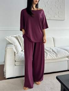 DAZY 紫色极简针织单肩家居服套装（女士款） - 紫色 - 查看 4