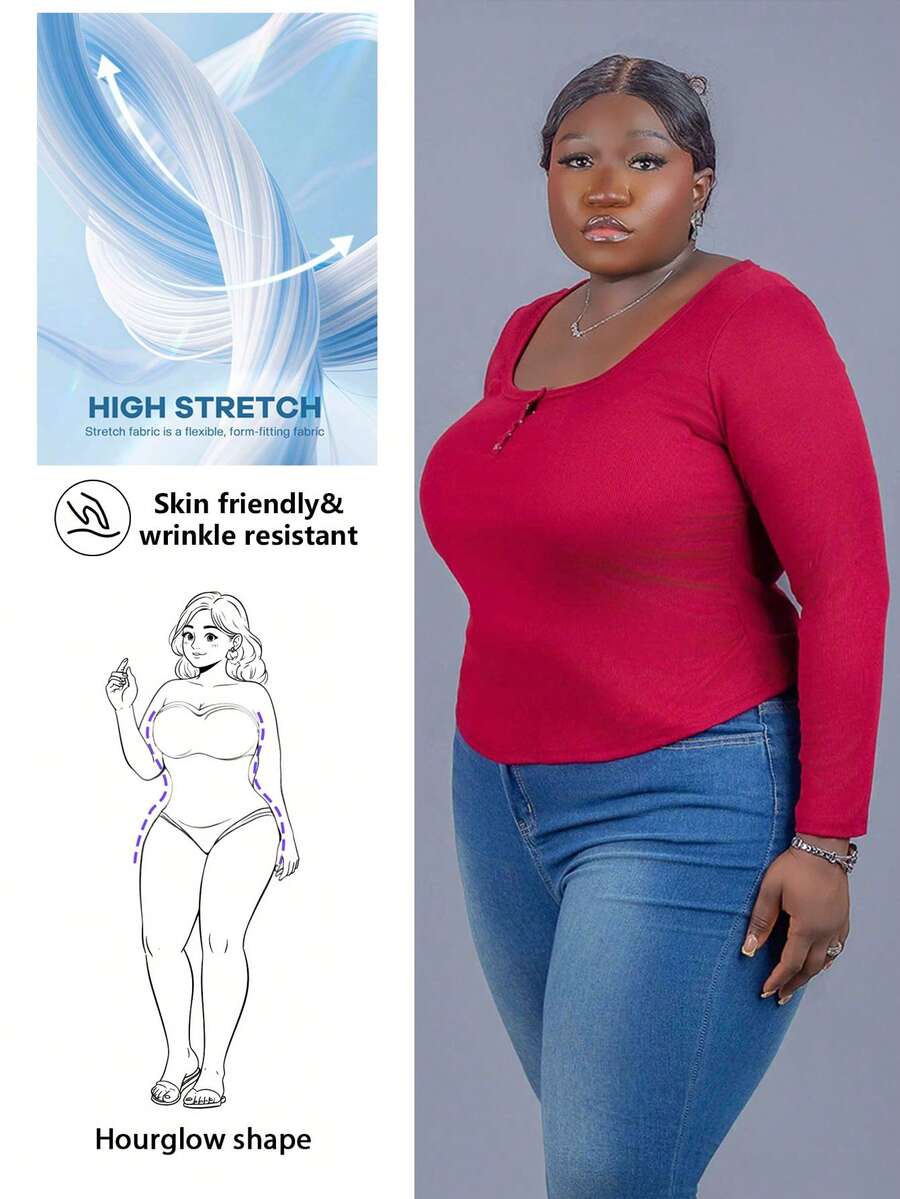 CurvyTilda Plus Size Casual Scoop Neck Long Sleeve Ruched Waist Top, Fall Top For Women, For Hourglass Body Shape