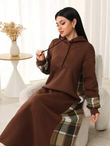 Mulvari Dropped Shoulder Long Sleeve Casual Plaid Patchwork Drawstring Hooded Abaya Dress - Multicolor - View 2