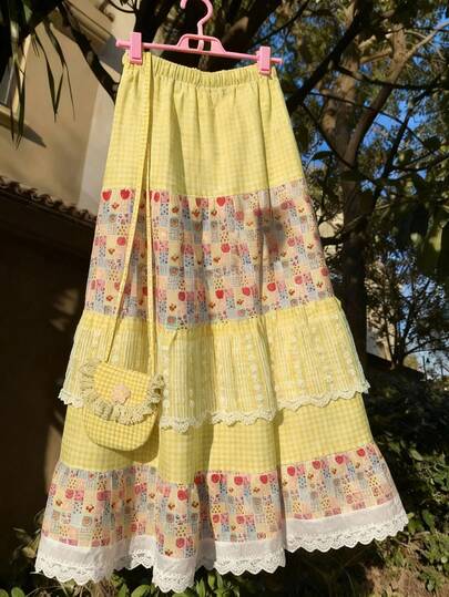 Sweetra Vintage Countryside Picnic Contrast Lace Print A-Line Skirt For Women