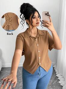 Elenzga 大码时尚优雅短袖不对称下摆衬衫 - 棕色 - 查看 1