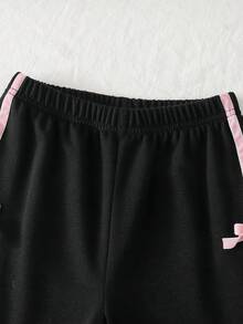 两件套女童休闲蝴蝶结装饰长袖卫衣和喇叭裤套装，适合日常休闲穿着和户外活动，春秋季 - 黑色 - 查看 5