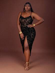 CurvyTilda 大码女式植绒垂坠领长款吊带裙，适合初秋/秋冬季 - 黑色 - 查看 5