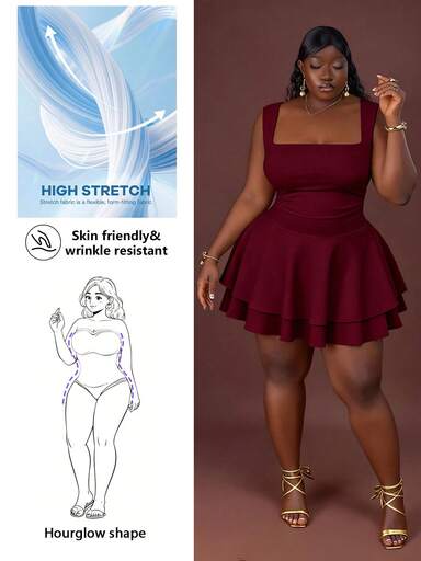 CurvyTilda Vestido mini blanco puro sin mangas con volantes, nuevo para primavera/verano 2025, casual, de vacaciones, romántico, básico, de calle, diario, sexy, elegante, de oficina, de fiesta, de discoteca, tallas grandes para mujeres