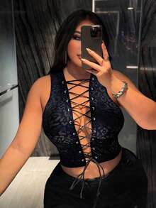 NU&NOW 大码女式豹纹镂空系带性感露脐背心 - 黑色 - 查看 2