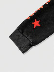 ROMWE MEN 男士连帽字母图案印花拉链休闲百搭长袖卫衣，秋冬款 - 黑色 - 查看 4