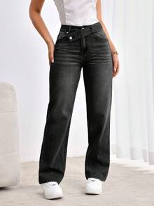 SHEIN Tall جينز عرضي مرتخي الخصر مع نمط متداخل مبا...
